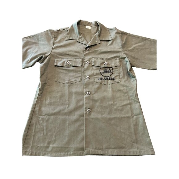 US Navy Seabees Utility Shirt 16.5x32 Short Sleeve Olive Green Button-Up - Picture 1 of 7